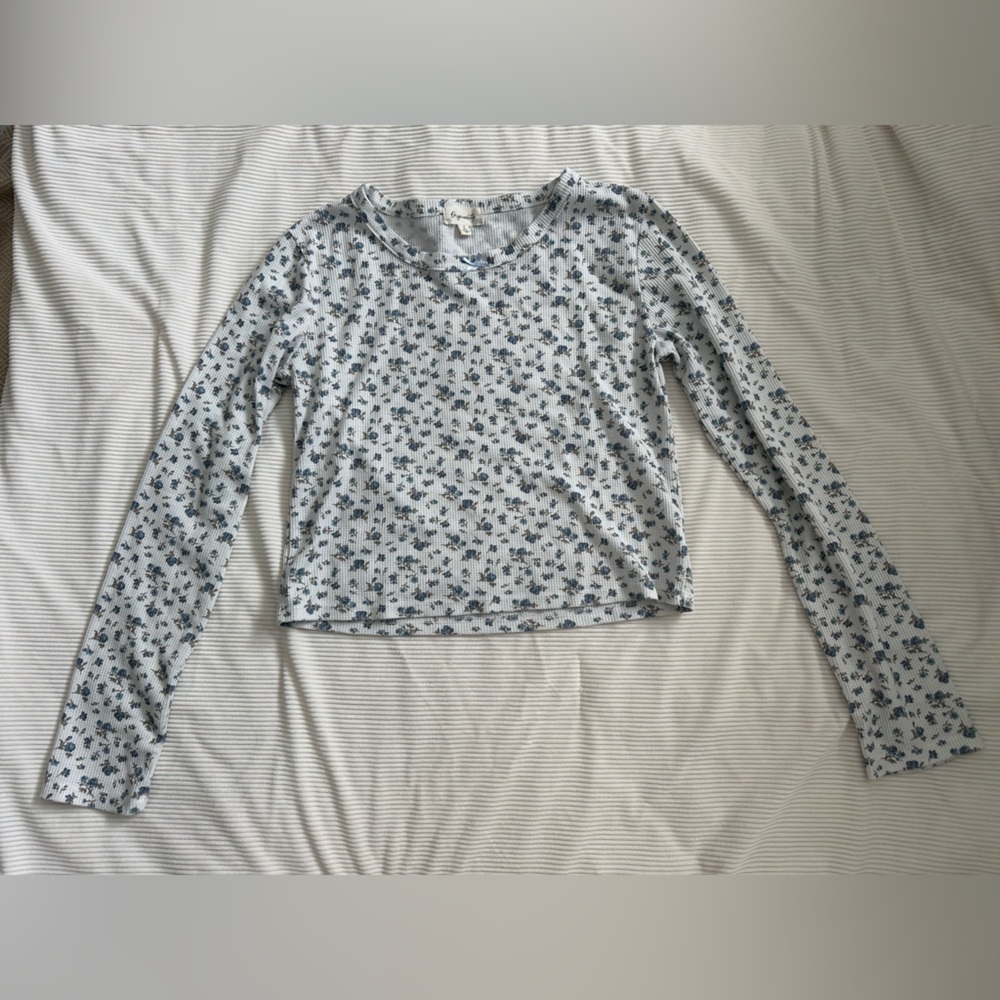 Floral Long Sleeve Crop Top in Blue and White
